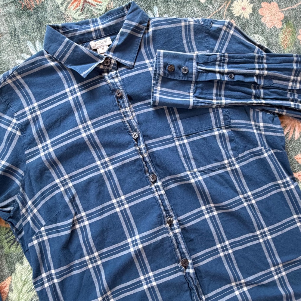 J.Crew Blue Plaid Cotton Button Down Shirt Womens Medium 03411 FA15 Long Sleeve